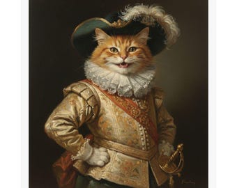 Katzen Portrait Poster, Renaissance Katzen Kunst, Lustige Tier Poster, Historisches Katzen Dekor, Einzigartige Wandkunst, Ingwer Katze, Geschenk für Tierliebhaber