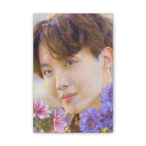 BTS J-Hope Canvas Stretched Wall Art, cool Monet style painting, unique K-pop love gift, Jung Hoseok flowers picture, Kpop vintage portrait