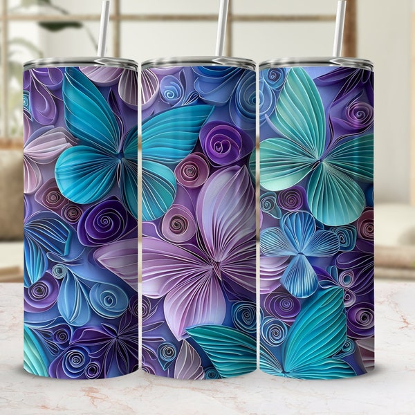 3D Butterfly Art Tumbler Wrap, Handcrafted Purple and Blue Quilled Design, Handcrafted feel Sublimation Template,