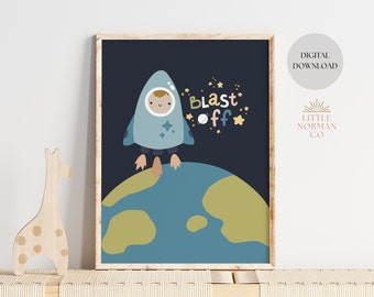 Blast Off Rocket, Space print, Educational print, kids room decor, nursery print, planets and space, kids room wall art, playroom wall art