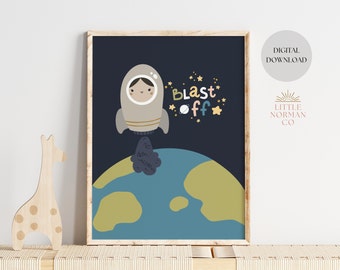 Blast Off Rocket, Space print, Educational print, kids room decor, nursery print, planets and space, kids room wall art, playroom wall art