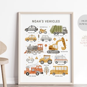 Vehicle name print, My Vehicles poster, Playroom wall art, Nursery art, Baby wall art, Vehicle wall art, Car prints , Kids room decor