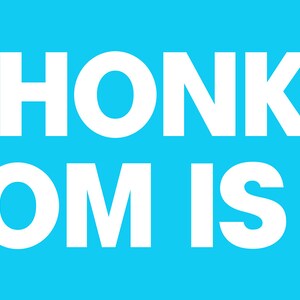 Op de afbeelding: Een blauwe achtergrond met witte tekst die "DON'T HONK AT ME MY MOM IS DEAD" zegt.