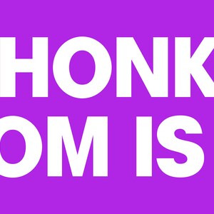 Op de afbeelding: Paarse achtergrond met witte tekst die "DON'T HONK AT ME MY MOM IS DEAD" zegt.