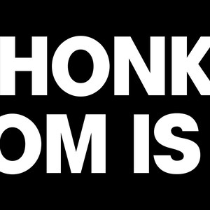 Op de afbeelding: Witte tekst op een zwarte achtergrond luidt "DON'T HONK AT ME MY MOM IS DEAD".