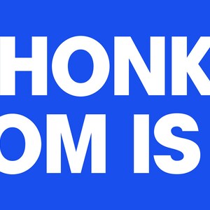 Op de afbeelding: Een blauwe en witte bumper sticker met de tekst "DON'T HONK AT ME MY MOM IS DEAD".