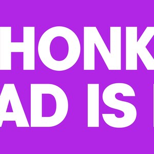 Peut inclure: Fond violet avec du texte blanc qui dit "DON'T HONK AT ME MY DAD IS DEAD".