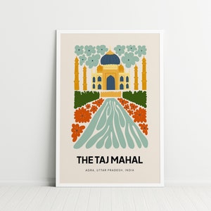 May include: A colorful illustration of the Taj Mahal, a white marble mausoleum in Agra, India. The illustration features a yellow building with a blue dome, surrounded by green trees and orange flowers. The text "THE TAJ MAHAL" is written in black at the bottom of the illustration, with the location "AGRA, UTTAR PRADESH, INDIA" written below.