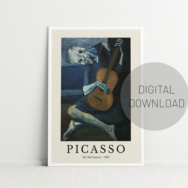 Impression Pablo Picasso, affiche d'art de l'exposition, Le vieux guitariste, art mural rétro, décoration d'intérieur, téléchargement numérique, art mural, art mural salon