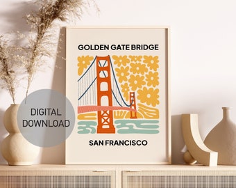 Golden Gate Bridge Travel Print, Digital Download, Pastel Yellow USA San Francisco Travel Exhibition Print Cute Trendy Wall Art Dorm decor