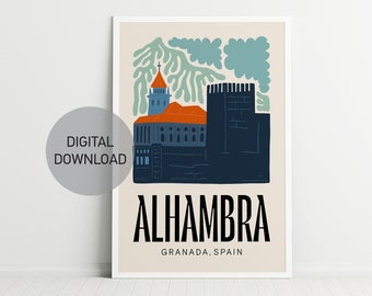 Impresión de la Alhambra, descarga de arte digital, impresión de Granada, impresión de exposición, arte mural moderno, arte mural asequible, decoración de dormitorios
