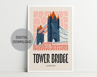Pastel Pink Travel Print, Tower Bridge, Digital Art Download, Pastel London Travel Print, Exhibition Print, Trendy Wall Art, Fall wall decor