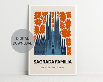 Sagrada Familia Print, Digital Art Download, Barcelona Spain Travel Print, Exhibition Print, Trendy Wall Art, Danish Pastel wall decor