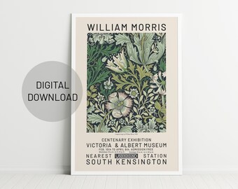 Sage Green William Morris Flowers, Exhibition Poster, Art Nouveau, Victoria and Albert Museum, Morris Flower Pattern, Wall Art, Fall decor