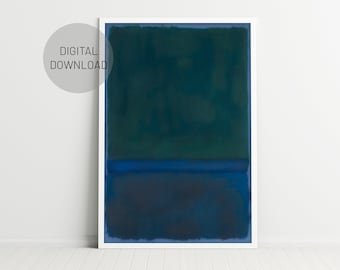 May include: Abstract art print with a dark green top section and a dark blue bottom section separated by a thin blue line. The print is framed in white.