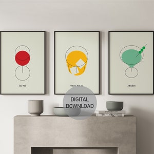 Minimalist Cocktail Print Set of 3, digital download art, Colorful Cocktail Gallery Wall Art Set, Trendy Wall Decor, Bar Prints, Home Decor