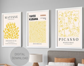 Gelb Henri Matisse 3er-Set, Picasso Poster-Set, Moderner Wanddruck, Preppy Room Decor, Galeriewand 3er-Set, DRUCKBARE DIGITALER DOWNLOAD