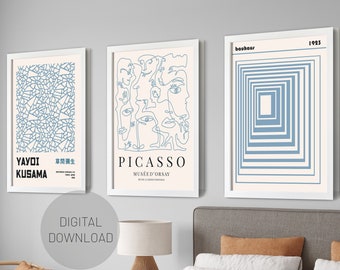 DIGITAL Sky Blue Bauhaus Set of 3, Picasso Poster set, Modern Wall Print, Bauhaus Prints, Gallery Wall Set of 3, PRINTABLE DOWNLOAD, Dorm