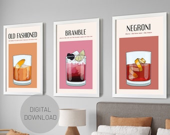 Cocktailtryck Set med 3, Fine Art-posters, Hembartryck, Tavelvägg Set med 3, Vardagsrumsväggkonst, Utskrivbar väggkonst, Köksinredning
