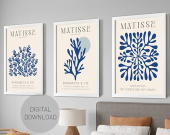 Digital Henri Matisse Set of 3, Navy Blue Matisse Poster set, Modern Wall Print, Matisse Gallery Wall Set of 3, Home decor DIGITAL DOWNLOAD