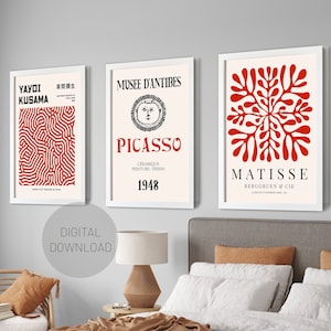 Red Henri Matisse Set of 3, Picasso Poster set, Modern Wall Print, Yayoi kusama, Gallery Wall Set of 3, PRINTABLE DIGITAL DOWNLOAD