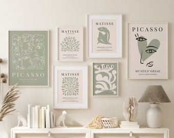 Sage Green Wall Art Green Botanical Prints Sage Green Print Set Boho Wall Art Matisse Wall Art Picasso Print Set Gallery Wall Set of 6