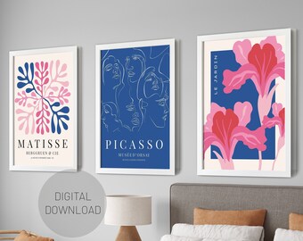 May include: Three digital art prints featuring abstract designs in pink and blue. The prints are framed in white and have the names "Matisse", "Picasso", and "Le Jardin" printed below the artwork.