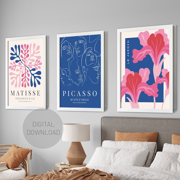 Navy Blue Matisse Set of 3, Pablo Picasso Poster set, PRINTABLE Modern Wall Print, Colorful Matisse Gallery Wall Set of 3, DIGITAL DOWNLOAD