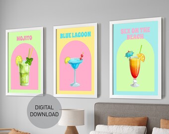 Juego de 3 impresiones de cócteles pastel, juego de galería de pared con carrito de bar colorido, descarga digital, pósteres de cócteles retro, arte imprimible para bar, decoración de pared