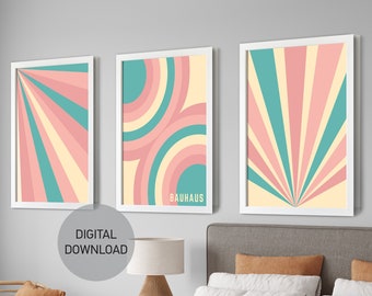 Conjunto de 3 pósteres Bauhaus, paquete de galería para pared, láminas Bauhaus para sala de estar, arte mural naranja, moderno conjunto de arte mural Bauhaus, póster Bauhaus