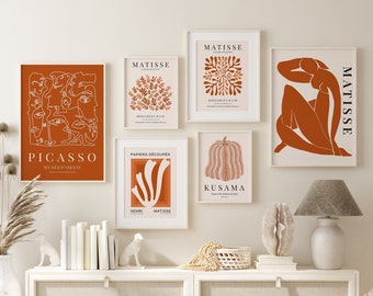 Conjunto de 6 impresiones de Matisse, impresiones de la exposición Matisse en naranja quemado, impresiones de pared de Picasso, arte mural naranja, descarga digital Arte mural para sala de estar