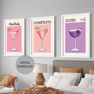 Retro Cocktail Print Set von 3, druckbare Wandkunst, Hausbar Dekor, digitaler Download, Cocktail Galerie Wandset, trendige Wandkunst, Bar Drucke