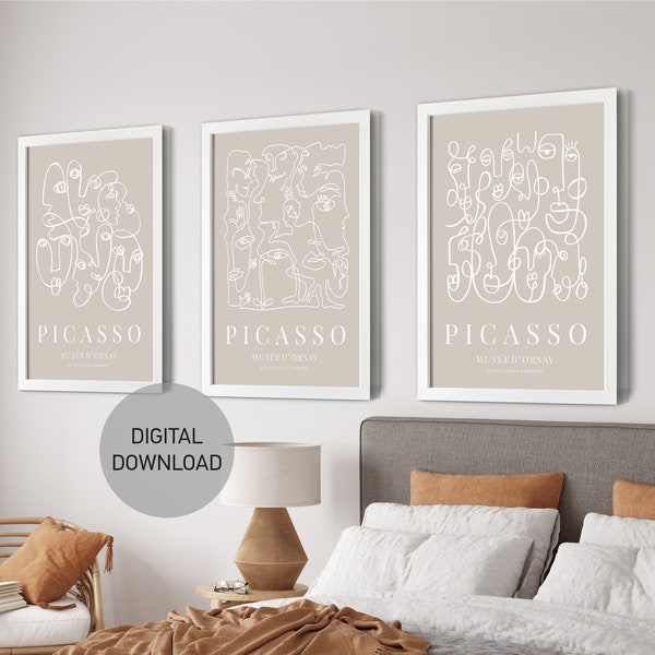 Artwork Set of 3 Beige Pablo Picasso, Apartment Decor, Picasso Gallery Set, Trendy Room Decor, Large Picasso Exhibition Print Y2K Poster Set