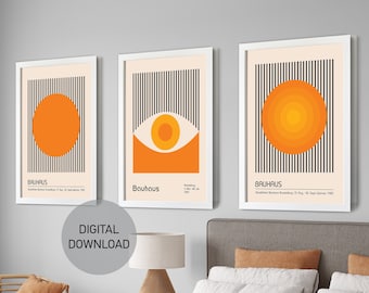 Bauhaus Set Of 3 Prints, Living Room Wall Art, Orange Hallway Decor, Printable wall art, Trendy Wall Art, Digital Download, Bedroom wall art