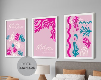 Henri Matisse set med 3 tryck, rosa halldekor, galleriväggset, preppy rumsdekor, vardagsrumsväggkonst, digital nedladdning, studentrumsdekor