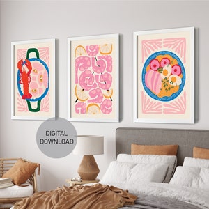 Pastel Pink Sea Food Print 3er Set Food Wandkunst Digitaler Download Küche Retro Wandkunst Korean Food Ausstellung Print Poster Koch Drucke