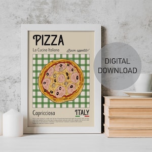 Pizza Print, Pizza Capricciosa, Kitchen Wall Art, Digital Download, Italy Kitchen Wall Decor, Printable Wall Art, Cosy Kitchen Illustrations