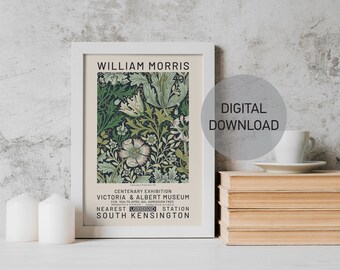 Flores de William Morris en verde salvia, póster de exposición, Art Nouveau, Museo Victoria y Alberto, estampado de flores de Morris, arte mural, decoración de otoño