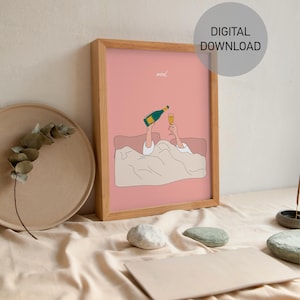 Bed Mood Cheers Print, retro slaapzaal wijnposter, kleurrijke glazen drankjes kunst aan de muur, funky bar cart kunst, vintage cocktail schets kunst, download