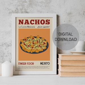 Impresión de nachos, póster naranja, arte mural imprimible de comida para picar, impresión de dibujo gastronómico, La Cucina Mexicana, decoración de cocina retro, póster de nachos