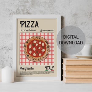 Pizza Print, Pizza Margherita, Kitchen Wall Art, Digital Download, Italy Kitchen Wall Decor, Printable Wall Art, Cosy Kitchen Illustrations