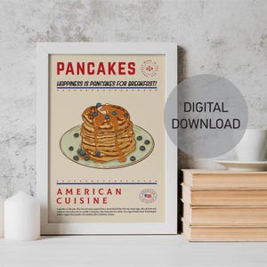 Pancakes Print, Beige Pancakes Poster, Printable wall art, Foodie Drawing Print, American Cuisine, Kitchen Wall Decor, Living Room Wall Art