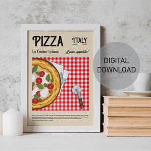 Pizza Print, Retro Pizza Poster, Food Art, Printable Wall Art, Kitchen Dining Room Wall Art, Digital Download, Cosy Kitchen Illustrations