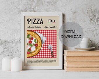 Pizza Print, Retro Pizza Poster, Food Art, Printable Wall Art, Kitchen Dining Room Wall Art, Digital Download, Cosy Kitchen Illustrations