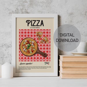 Pizza Druck, ästhetisches Küchendekor, druckbare Wandkunst, Küche Esszimmer Wandkunst, digitaler Download, gemütliche Retro-Küche Illustrationen