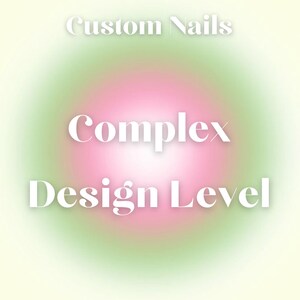 May include: A pink and green gradient background with the text "Custom Nails" at the top and "Complex Design Level" at the bottom.