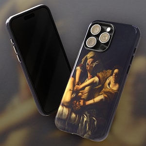 May include: A black smartphone and a phone case featuring a classical painting of figures in shades of brown, beige, and white. The case has a dark blue background and a glossy finish.