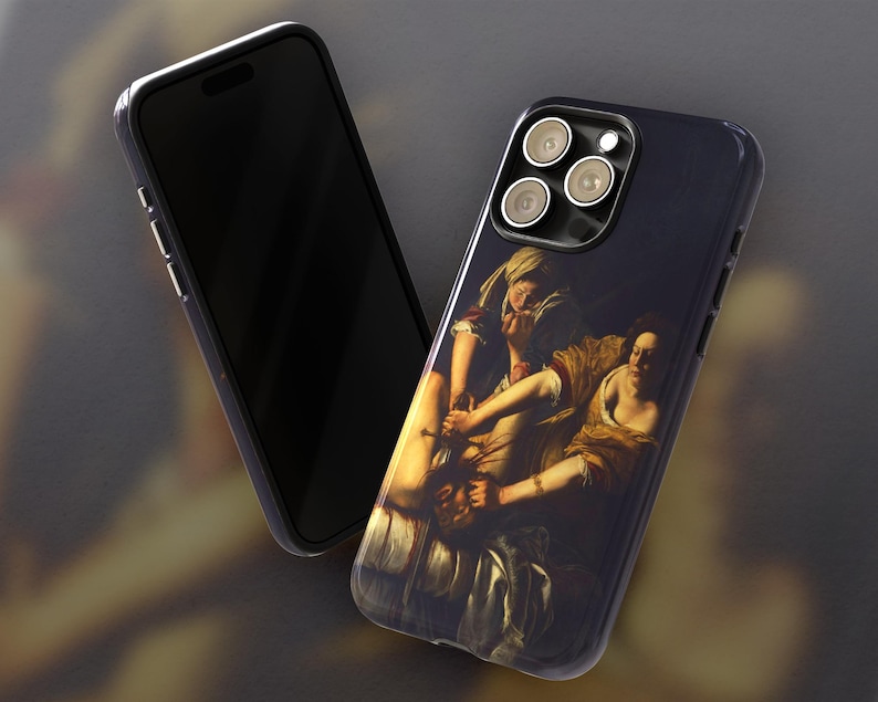 May include: A black smartphone and a phone case featuring a classical painting of figures in shades of brown, beige, and white. The case has a dark blue background and a glossy finish.