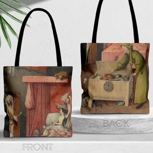 Jheronimus Bosch - Death and the Miser draagtas, stoffen tas, tas met all-over print, draagtas, alledaagse accessoires Cadeau voor middeleeuwse kunstliefhebber