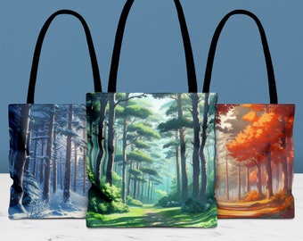 Pine forests in anime style tote bag. All-over print fabric bag.